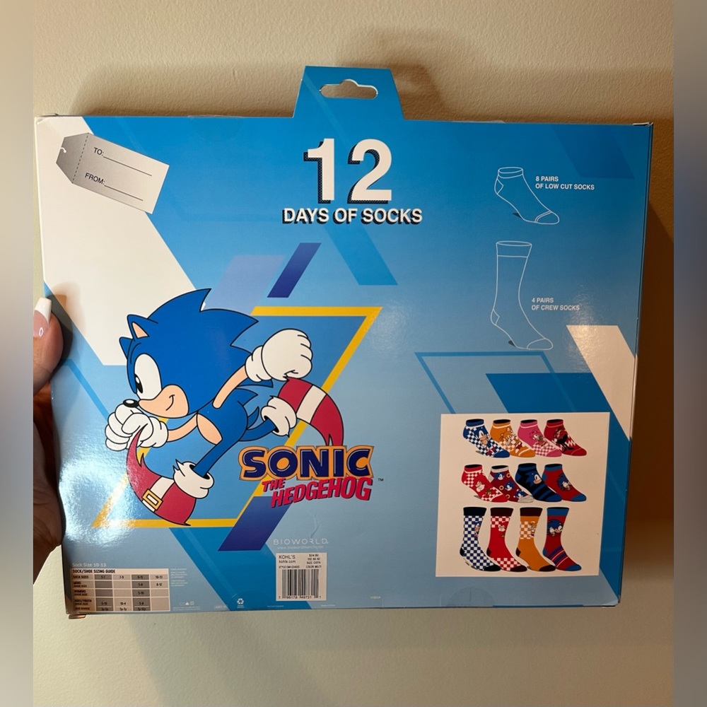 Sonic the Hedgehog 12 Days of Socks Set, Mens Advent Socks, Sock Size 10-13